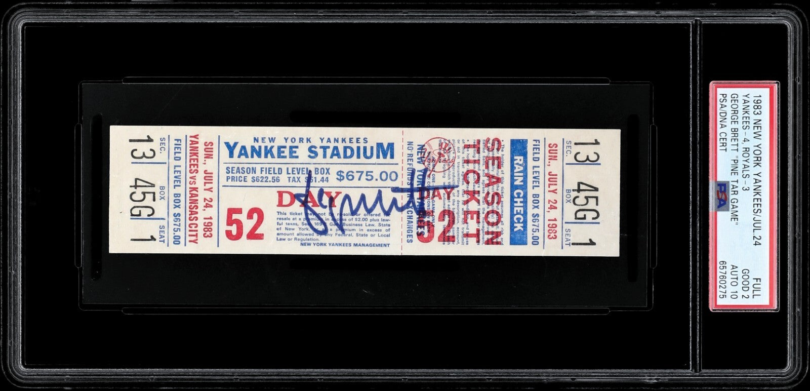George Brett Signed "Pine Tar Game" Full Ticket PSA DNA 10 GEM MINT July 24 1984