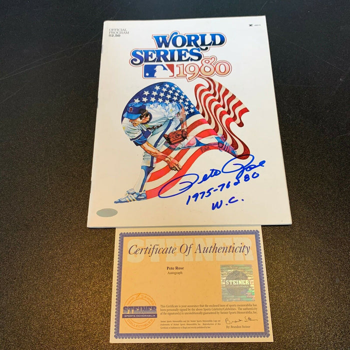 Pete Rose "1975,76,80 W.S.C." Signed Inscribed 1980 Program World Series Steiner