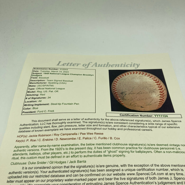 Jackie Robinson 1949 Brooklyn Dodgers NL Champs Team Signed Baseball JSA COA