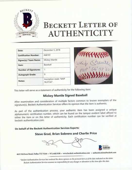Stunning Mickey Mantle MVP 1956 1957 1962 Signed Baseball Beckett Graded 9 MINT