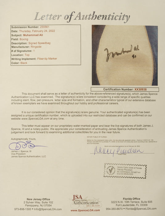 Muhammad Ali Signed Ringside Boxing Speedbag JSA COA