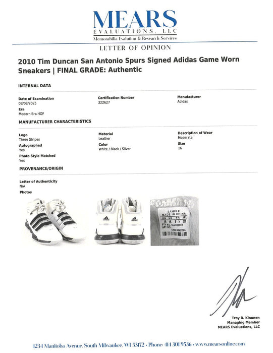 Tim Duncan Signed 2009 Game Used Adidas Sneakers Shoes MEARS & Beckett COA