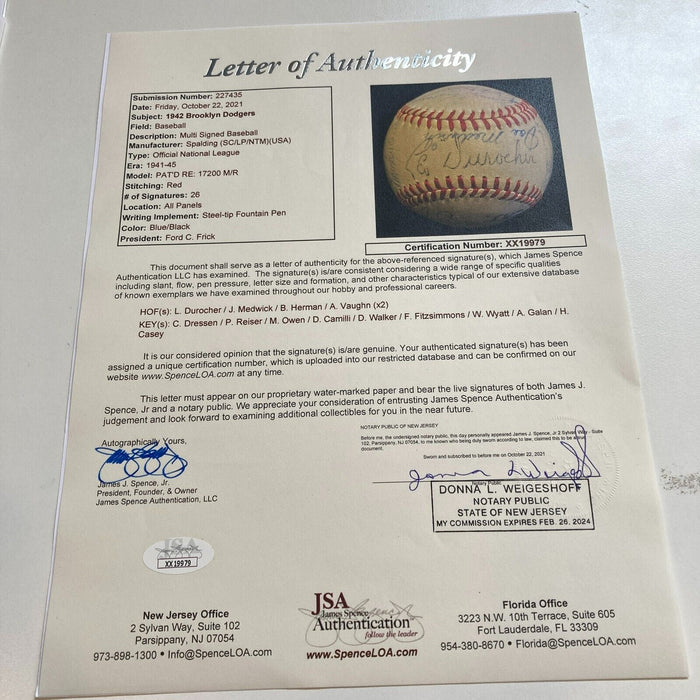 1942 Brooklyn Dodgers Team Signed National League Baseball JSA & Beckett COA