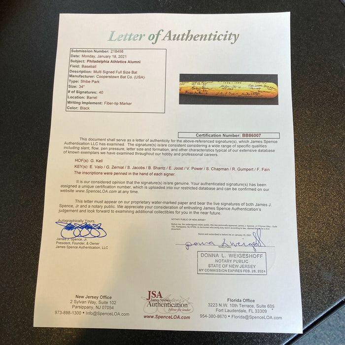 Rare Philadelphia Athletics A's Legends Bat With 40 Signatures JSA COA