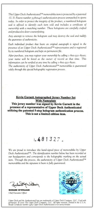 Kevin Garnett Signed Jersey Number #21 Display Upper Deck UDA COA