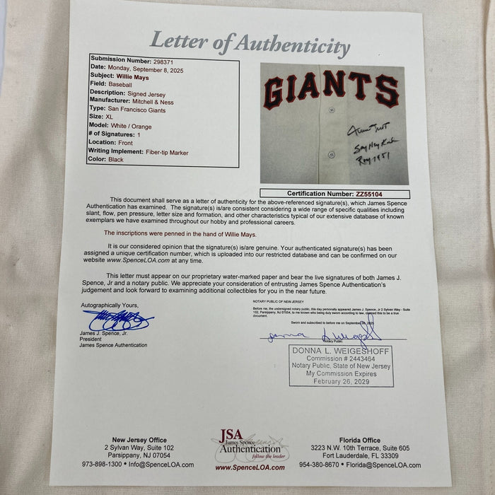 Willie Mays "Say Hey Kid, ROY 1951" Signed Inscribed Authentic Giants Jersey JSA