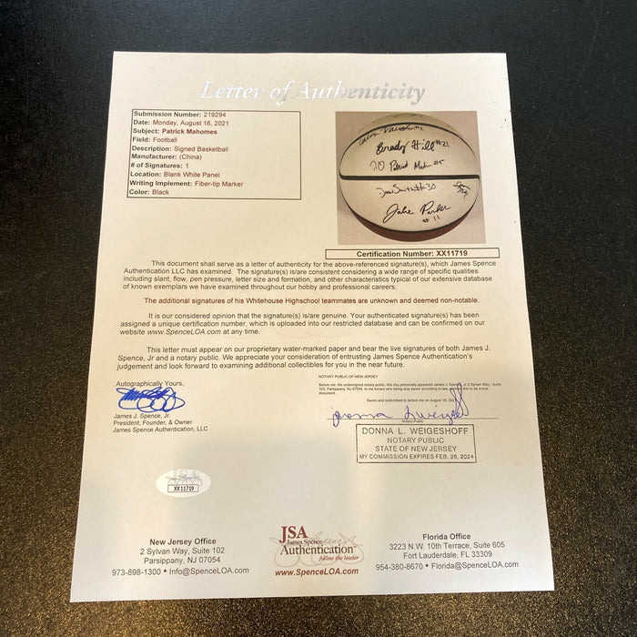 Patrick Mahomes 2013 Whitehouse Wildcats High School Team Signed Basketball JSA