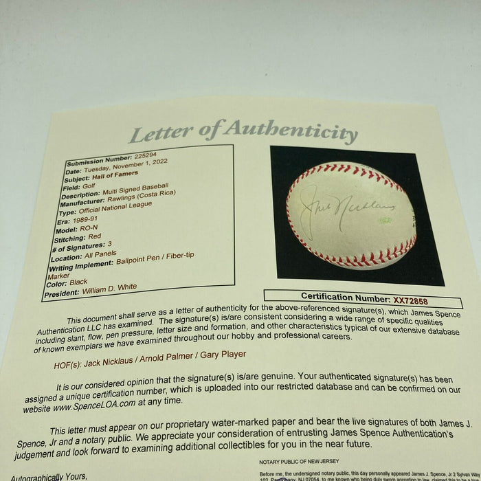 Arnold Palmer Jack Nicklaus Gary Player Golf Legends Signed Baseball JSA COA