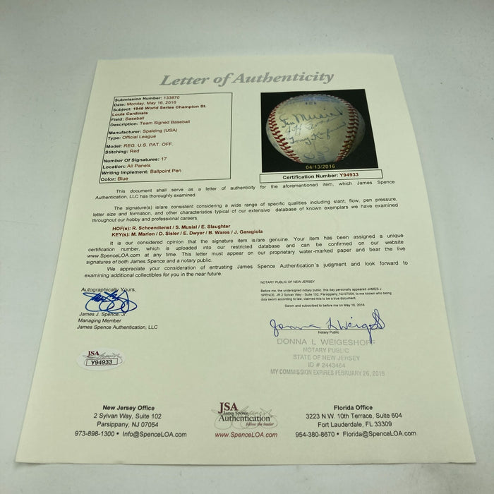 1946 St. Louis Cardinals World Series Champions Team Signed Baseball JSA COA
