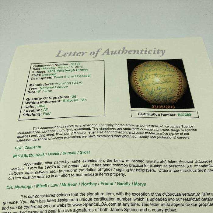 Roberto Clemente 1961 Pittsburgh Pirates Team Signed Baseball JSA COA