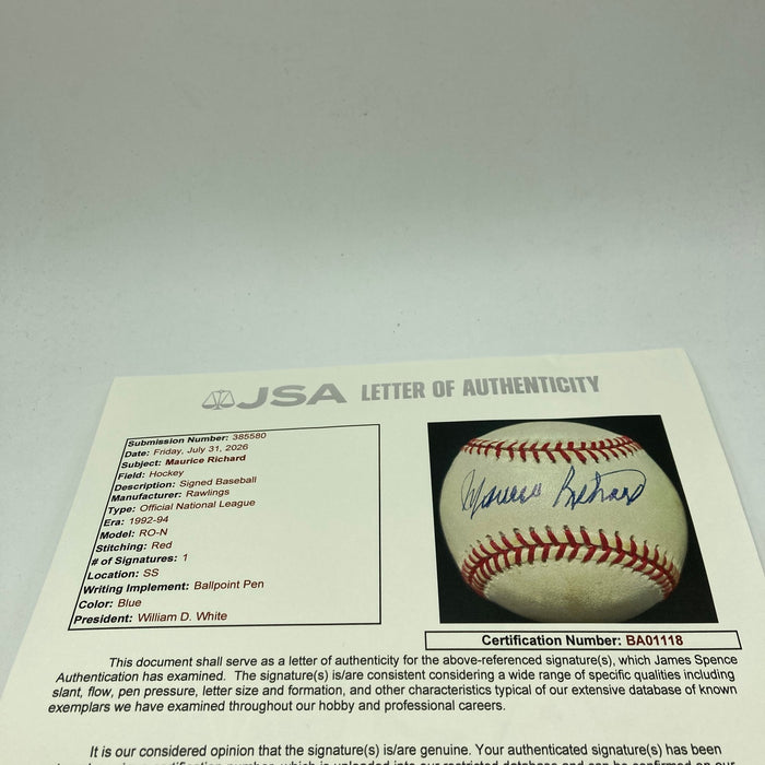 Maurice Richard Single Signed Baseball NHL HOF Montreal Canadiens JSA COA RARE