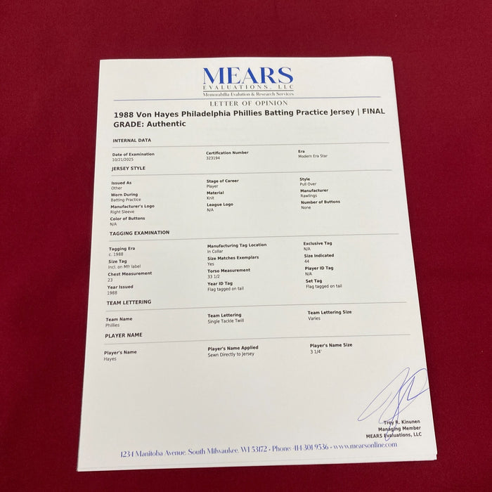 Von Hayes 1988 Game Used Philadelphia Phillies Jersey Uniform MEARS COA