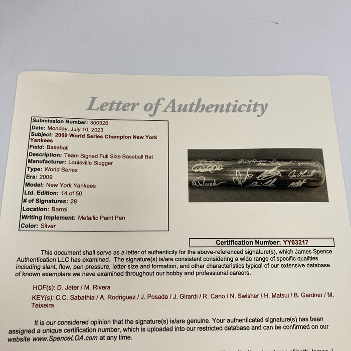 2009 New York Yankees World Series Champs Team Signed Bat #14/50 JSA COA