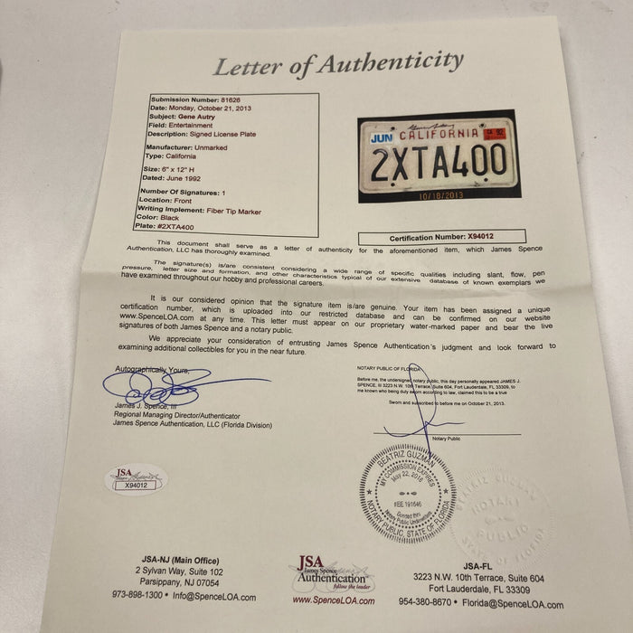 Gene Autry Signed Autographed California License Plate JSA COA
