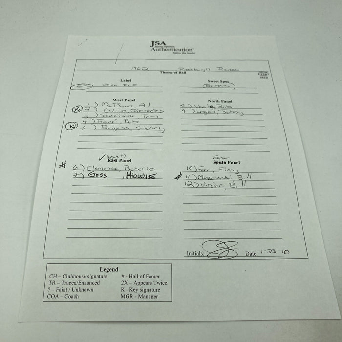 Roberto Clemente 1962 Pittsburgh Pirates Team Signed Baseball JSA COA