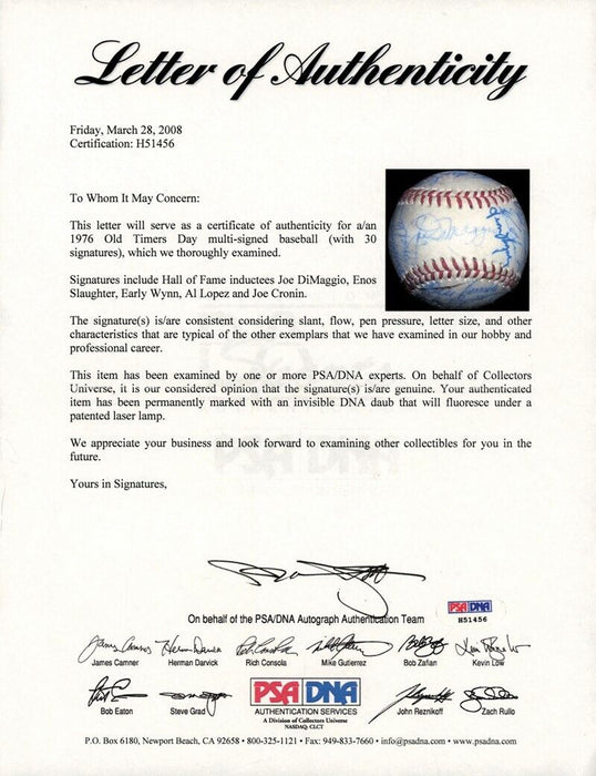 Joe Dimaggio 1976 Old Timers Multi Signed Game Used American League Baseball PSA