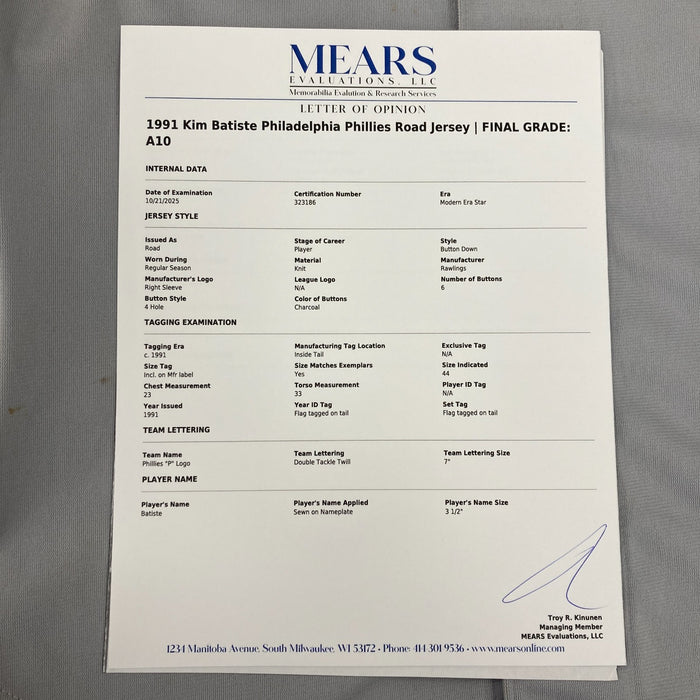 Kim Batiste 1991 Rookie Debut Game Used Philadelphia Phillies Jersey MEARS A10