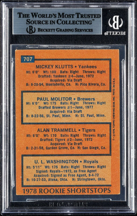1978 Topps Paul Molitor Alan Trammell RC #707 Signed By All 4 Players BGS