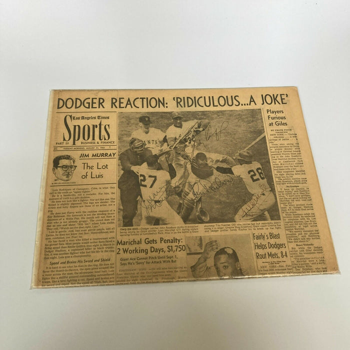 Sandy Koufax Juan Marichal Famous Brawl Signed Vintage 1965 Newspaper Beckett