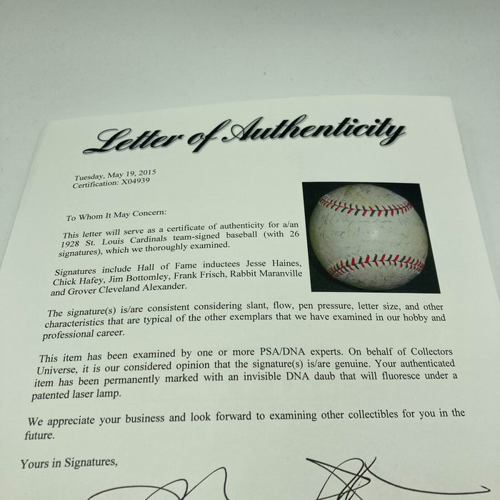 1928 St. Louis Cardinals NL Champs Team Signed Baseball Grover Alexander JSA COA