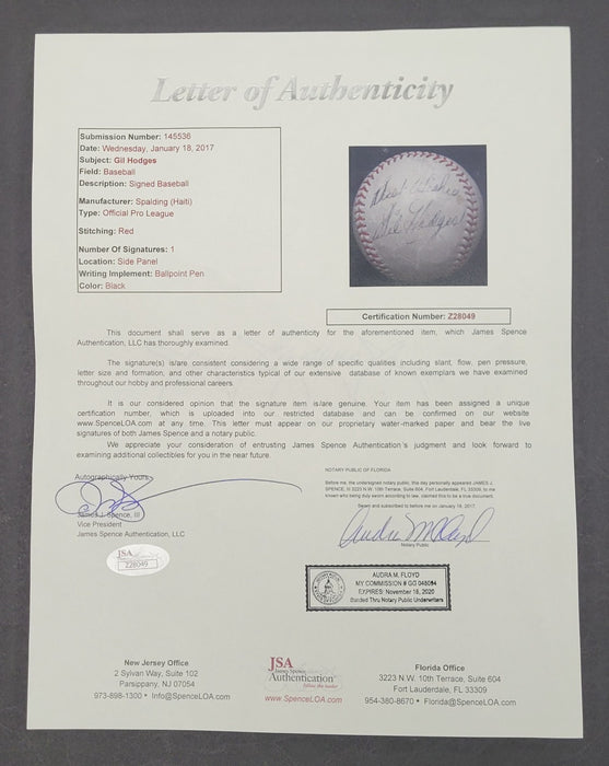 Gil Hodges Single Signed Autographed Baseball JSA COA