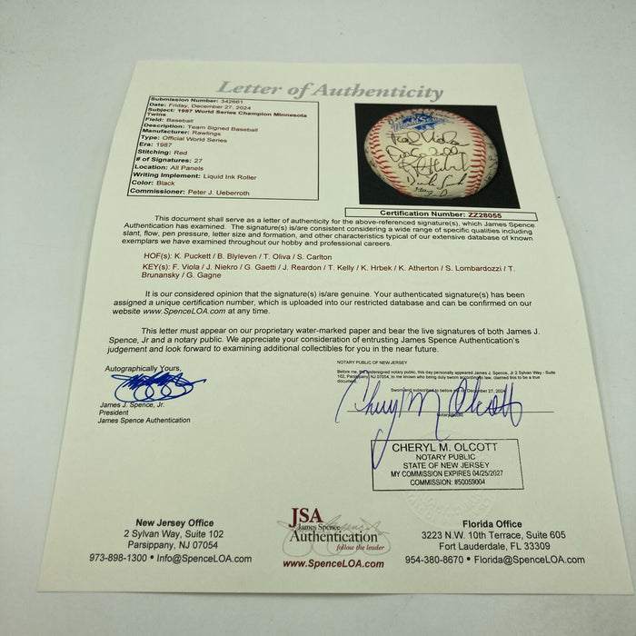 1987 Minnesota Twins World Series Champs Team Signed W.S. Baseball JSA COA