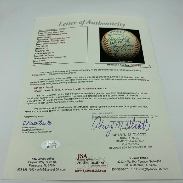 Stunning 1990 Minnesota Twins Team Signed Baseball Kirby Puckett 34 Sigs JSA COA