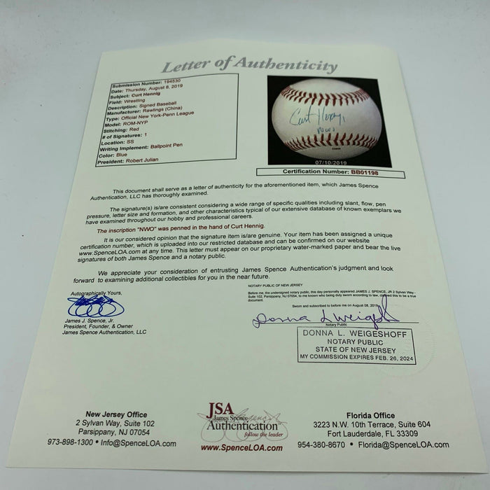 Rare Curt Hennig Signed Autographed Baseball WWE Wrestling With JSA COA