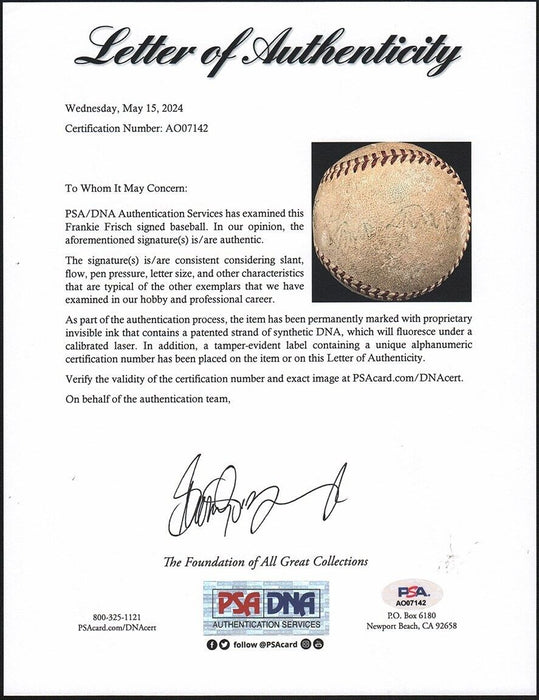 Frankie Frisch Single Signed Official National League Baseball PSA DNA COA
