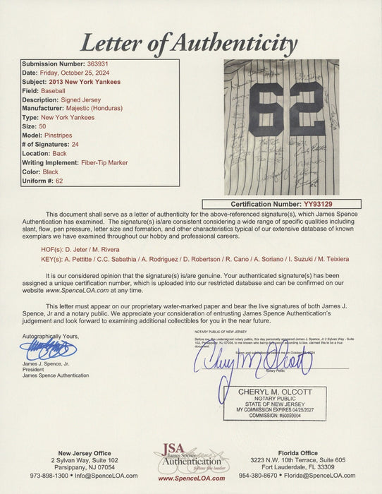2013 Yankees Team Signed Jersey Derek Jeter Ichiro Suzuki Mariano Rivera JSA COA