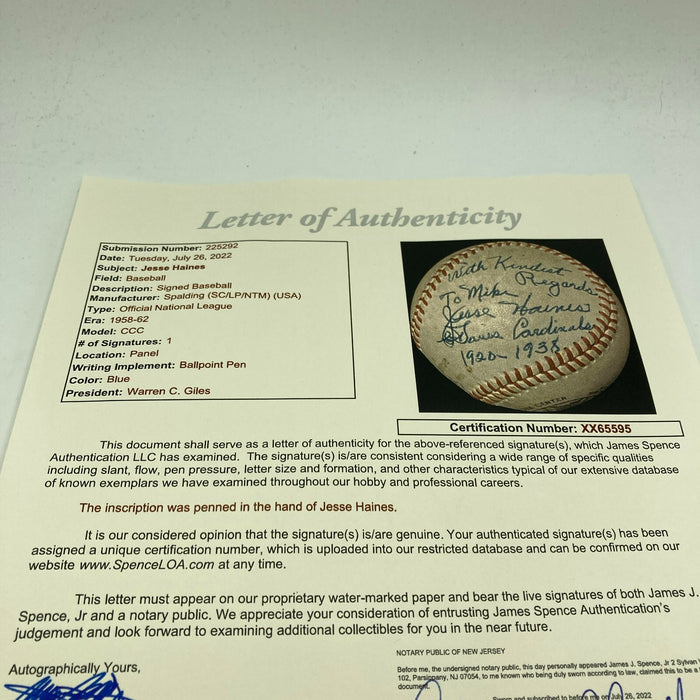 Beautiful Jesse Haines Single Signed National League Baseball JSA COA