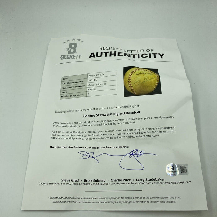 Rare George Snuffy Stirnweiss Single Signed Baseball Beckett COA
