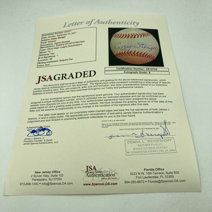 Beautiful Casey Stengel Single Signed Baseball JSA Graded Near Mint 8