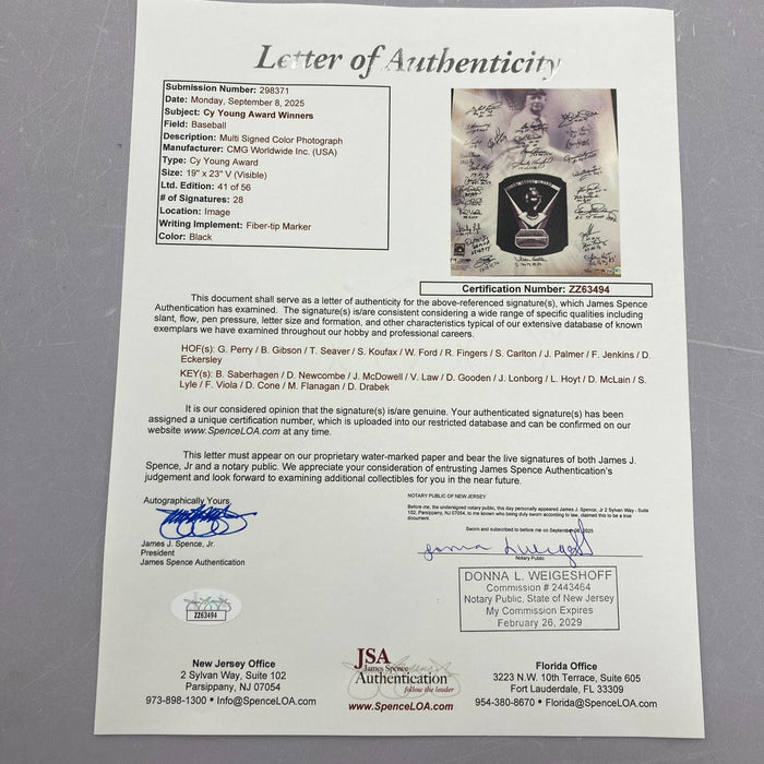 Beautiful Sandy Koufax Cy Young Winners Signed Huge 25x29 Photo 28 Sigs JSA COA