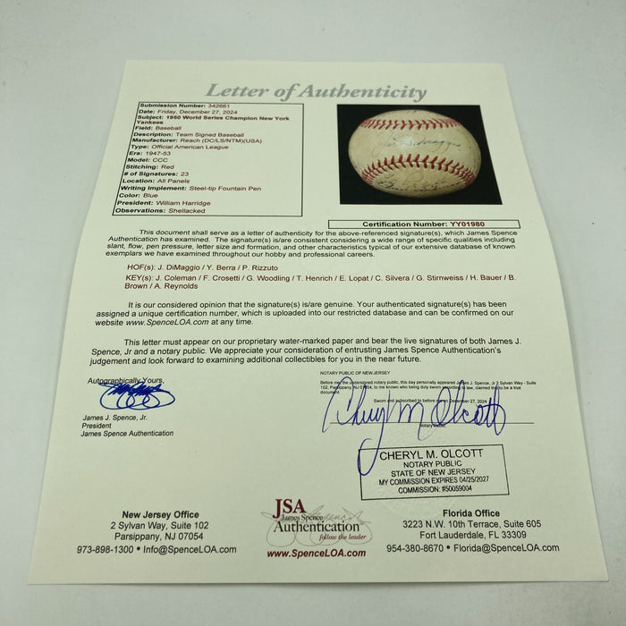 1950 New York Yankees World Series Champs Team Signed AL Baseball JSA COA