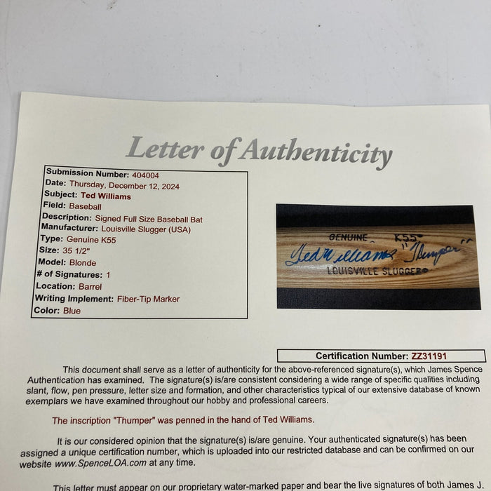 Ted Williams "Thumper" Signed Inscribed Baseball Bat JSA COA RARE