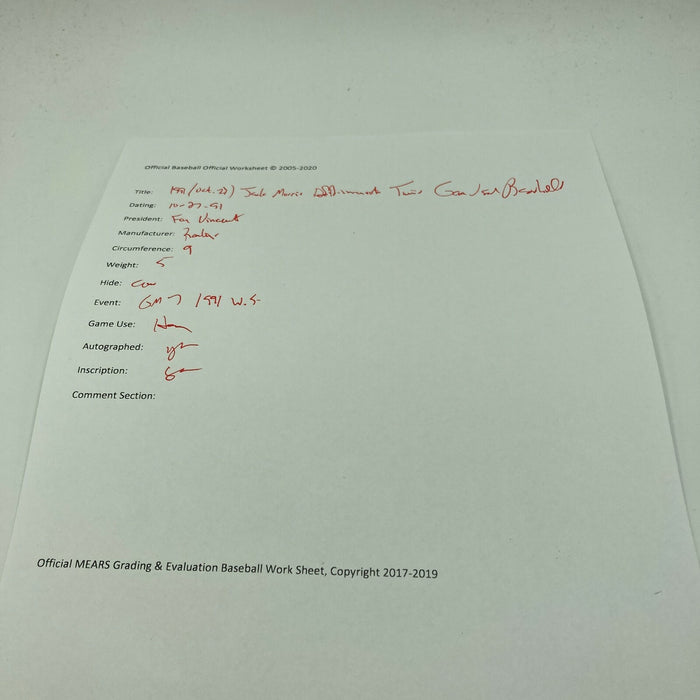 Historic Jack Morris Signed 1991 World Series Game 7 Game Used Baseball MEARS