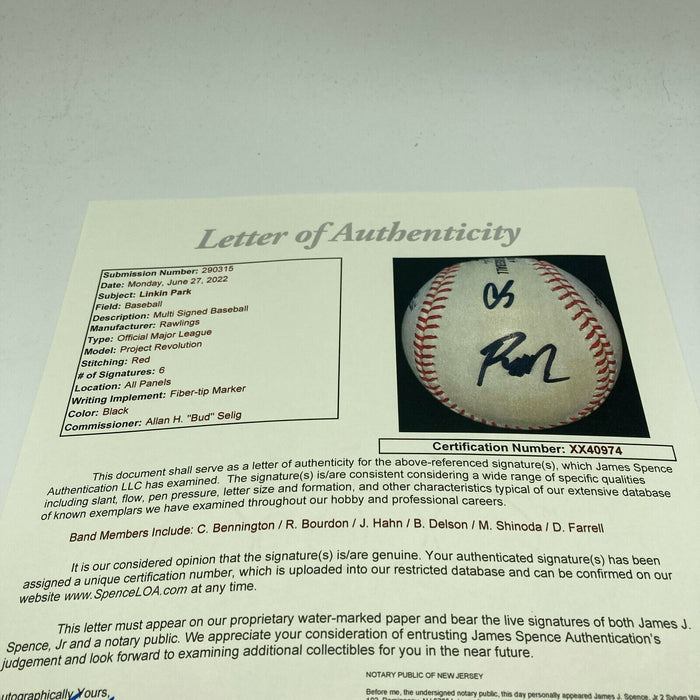 Linkin Park Band Signed Baseball 6 Signatures With Chester Bennington JSA COA