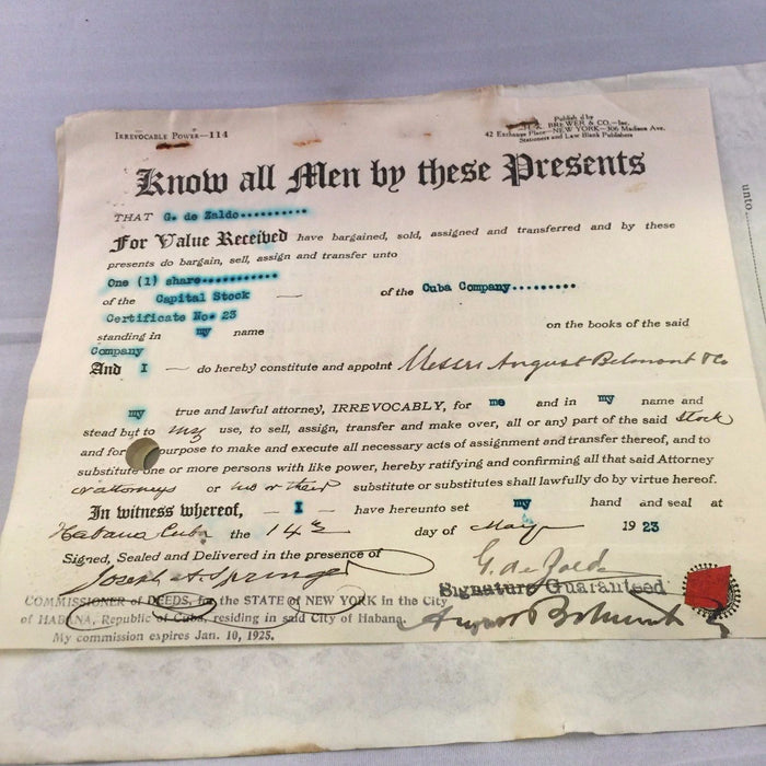 Rare 1923 August Belmont Jr. Signed Stock Certificate Belmont Stakes PSA DNA COA