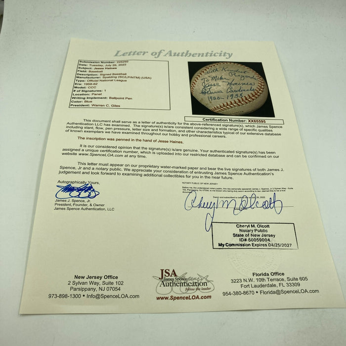 Beautiful Jesse Haines Single Signed National League Baseball JSA COA