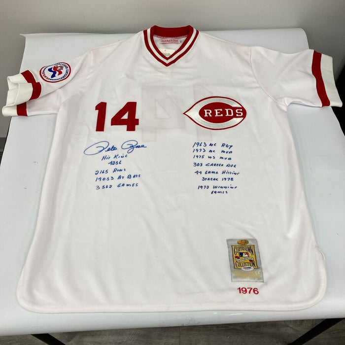 Pete Rose Signed Heavily Inscribed STATS Cincinnati Reds Jersey PSA DNA COA