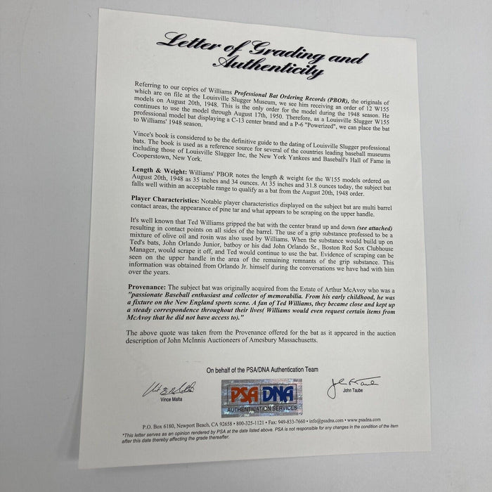 The Finest 1948 Ted Williams Game Used Louisville Slugger Bat PSA DNA 9.5