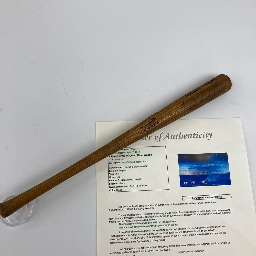 Honus Wagner & Hack Wilson Signed 1930 Louisville Slugger Mini Baseball Bat JSA