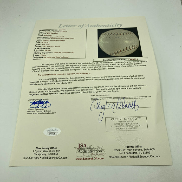 Kid Gleason Single Signed 1919 American League Baseball Black Sox JSA COA