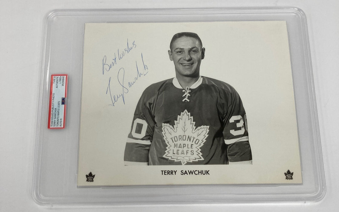 Terry Sawchuk Signed 1960's Toronto Maple Leafs Type III 8x10 Photo PSA 9 MINT