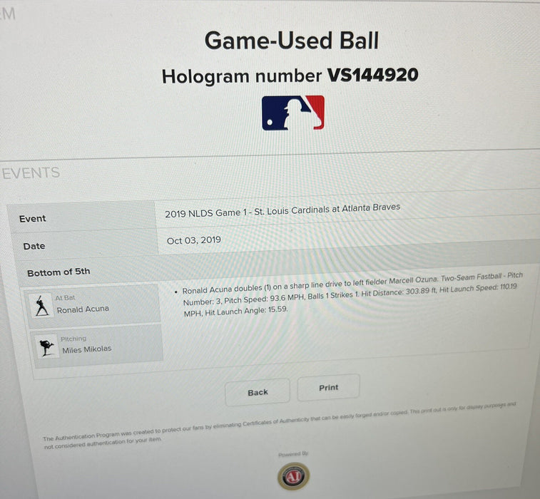 Ronald Acuna Signed 2019 NLDS Actual Hit Game Used Baseball Double JSA & MLB COA