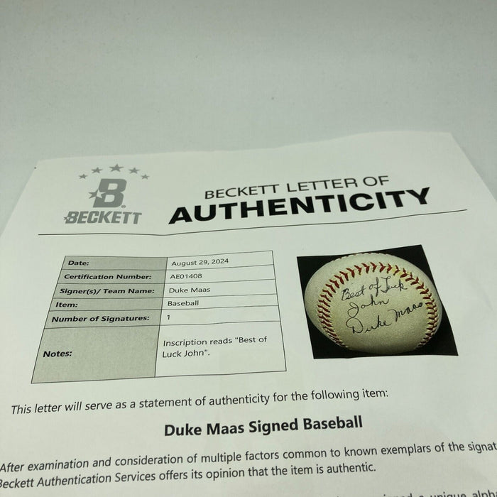 Duke Maas Single Signed Baseball The Only One Known Beckett COA