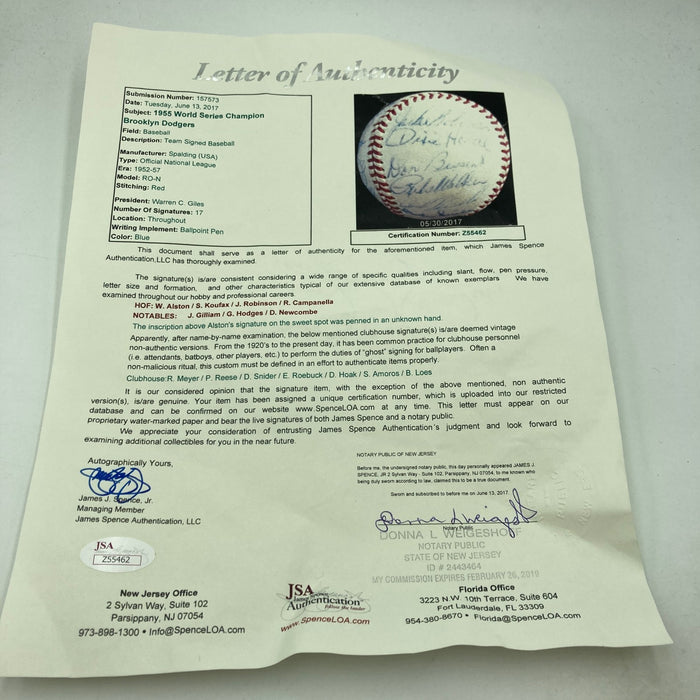 1955 Brooklyn Dodgers W.S. Champs Team Signed Baseball Jackie Robinson JSA COA