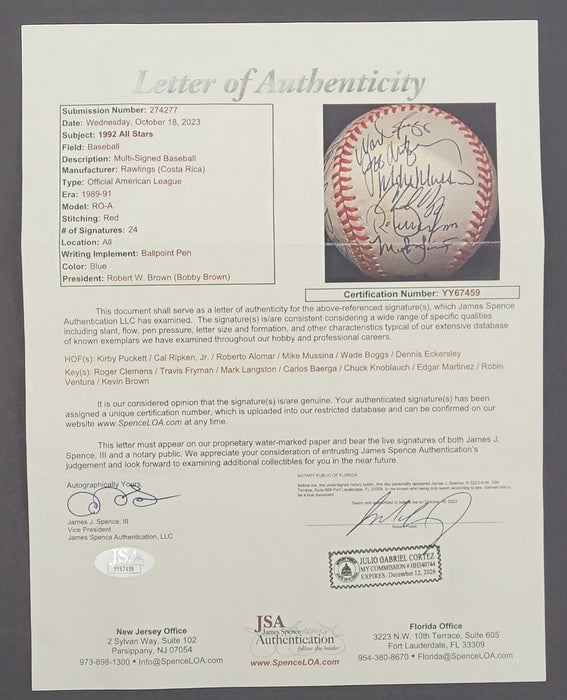 1992 All Star Game Team Signed Baseball Kirby Puckett Cal Ripken Jr. JSA COA