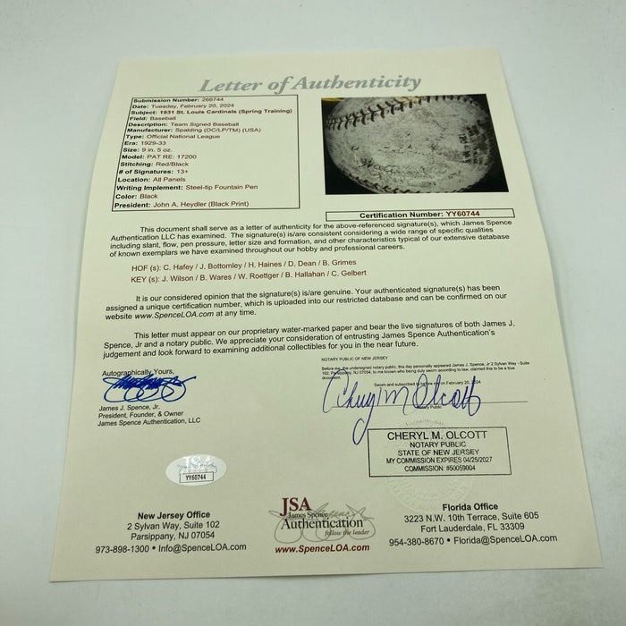 1931 St. Louis Cardinals World Series Champs Team Signed Baseball JSA COA